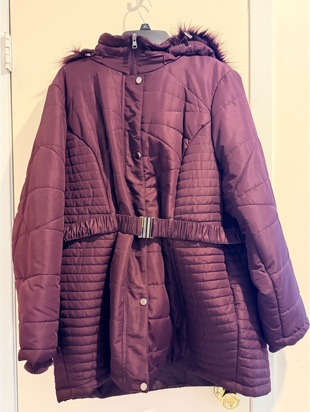 Details maroon belted hooded puffer coat with faux fur trim